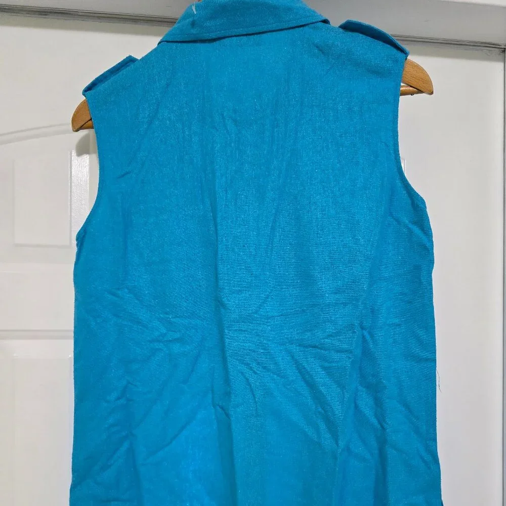 Shirt Women's Turquoise Sleeveless Silk Button Collar Selene Sport Med 1990s NWT - Picture 2 of 11
